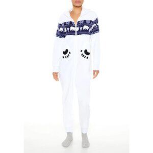 Derek heart Hooded Polar Bear women  L  Fair Isle Jumpsuit - White& navy winter